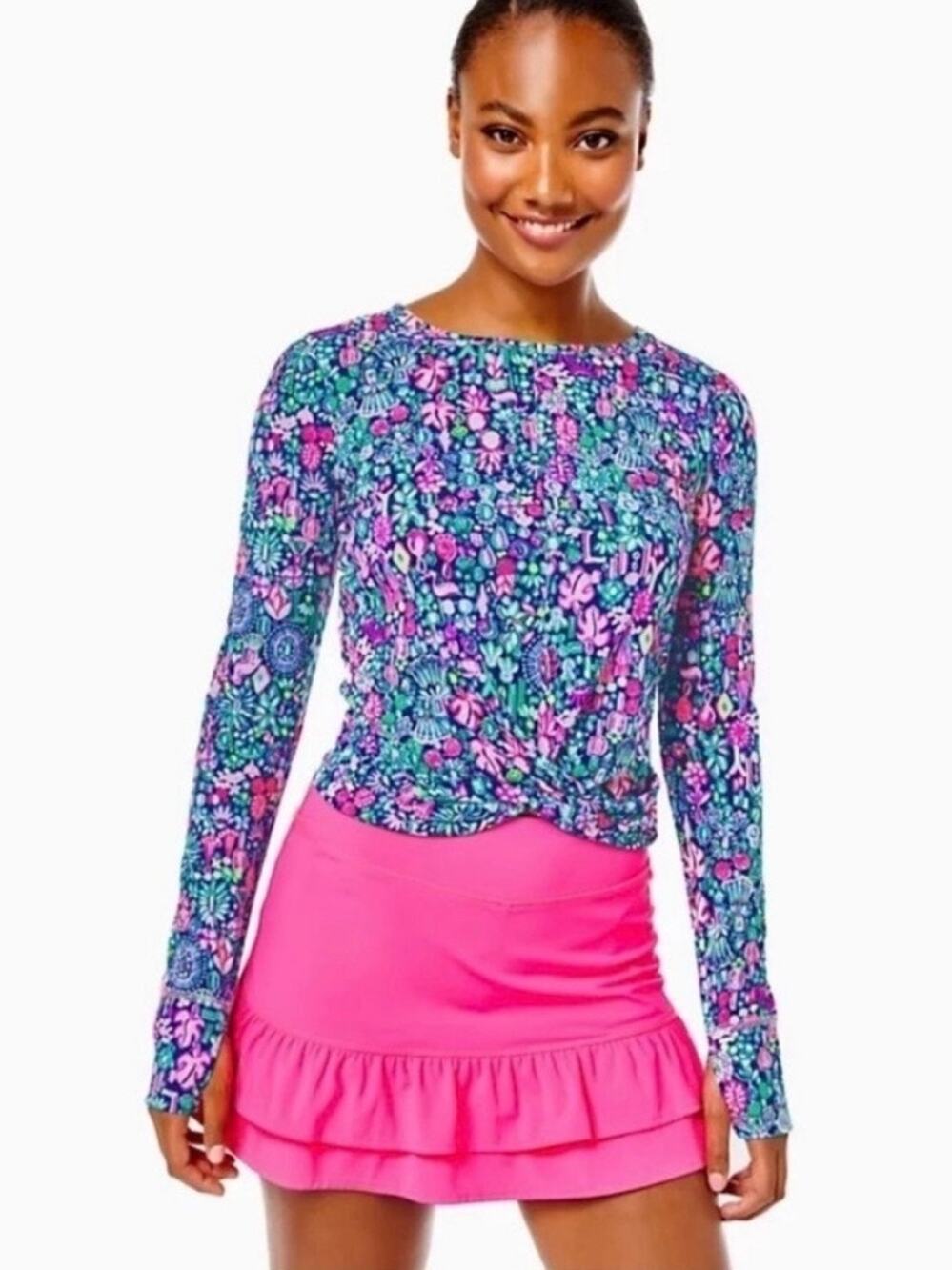 Lilly Pulitzer Luxletic Oden Blue Twist Front Top Low Tide Navy Jewelry Sz.S